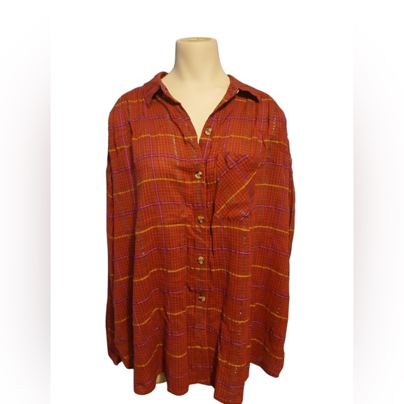 Free People Break My Stride Buttondown Top Shirt Red XSmall - Picture 7 of 10